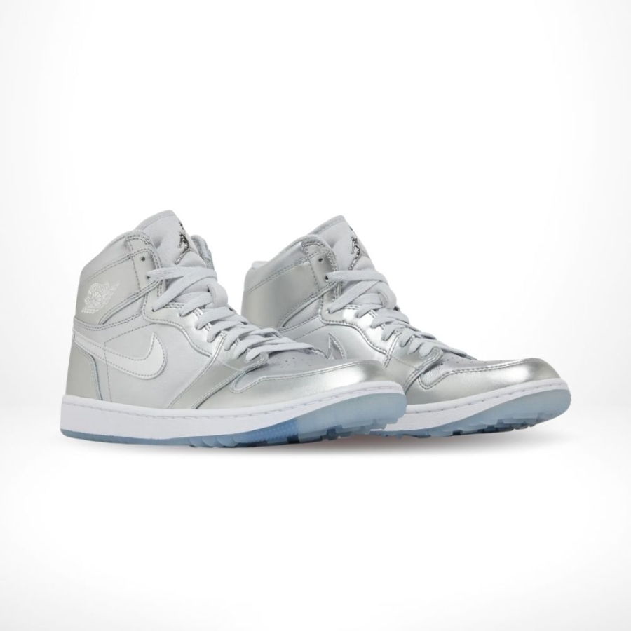 Angled front view of a full pair of Air Jordan 1