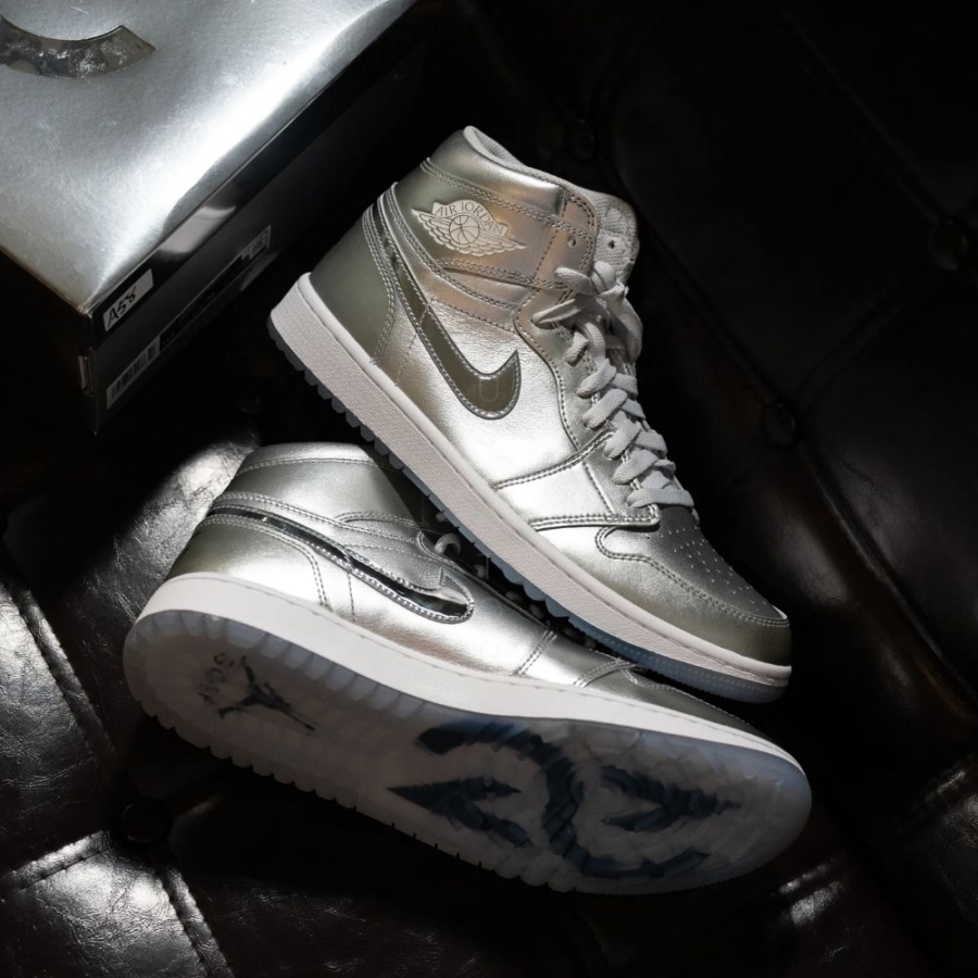 Angled front view of a full pair of Air Jordan 1
