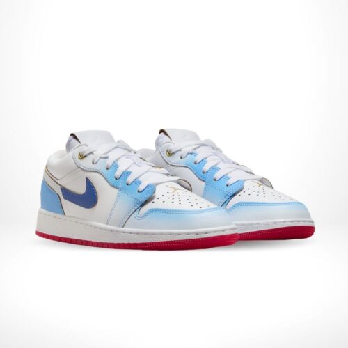 Angled front view of a full pair of Air Jordan 1