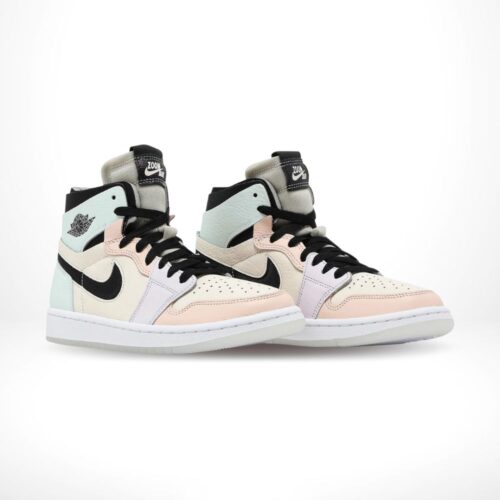 Angled front view of a full pair of Air Jordan 1