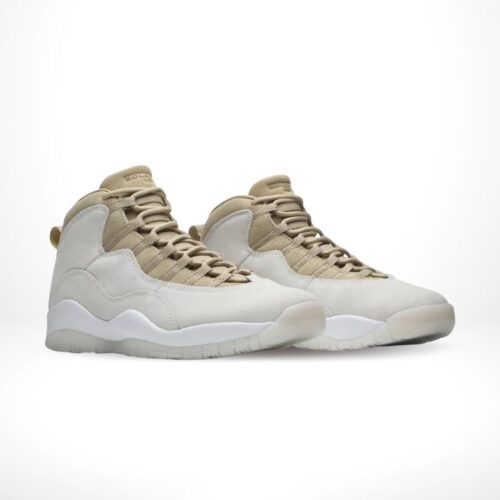 Angled front view of a full pair of Air Jordan 10