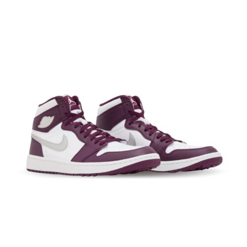 Angled front view of a full pair of Air Jordan 1