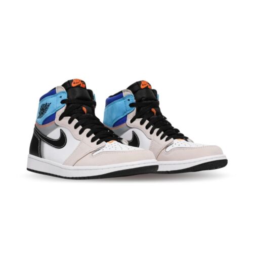 Angled front view of a full pair of Air Jordan 1