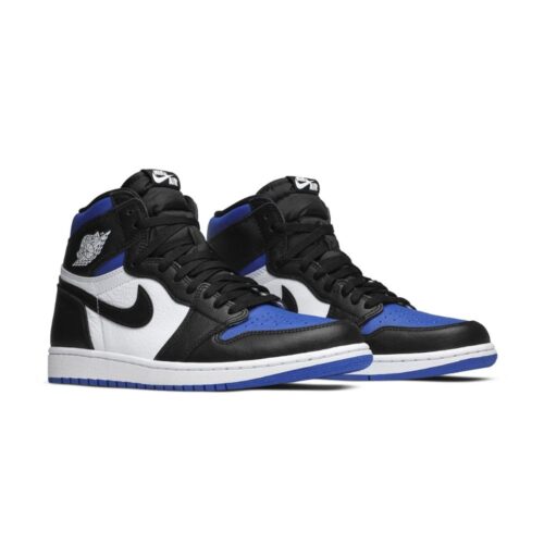 Angled front view of a full pair of Air Jordan 1