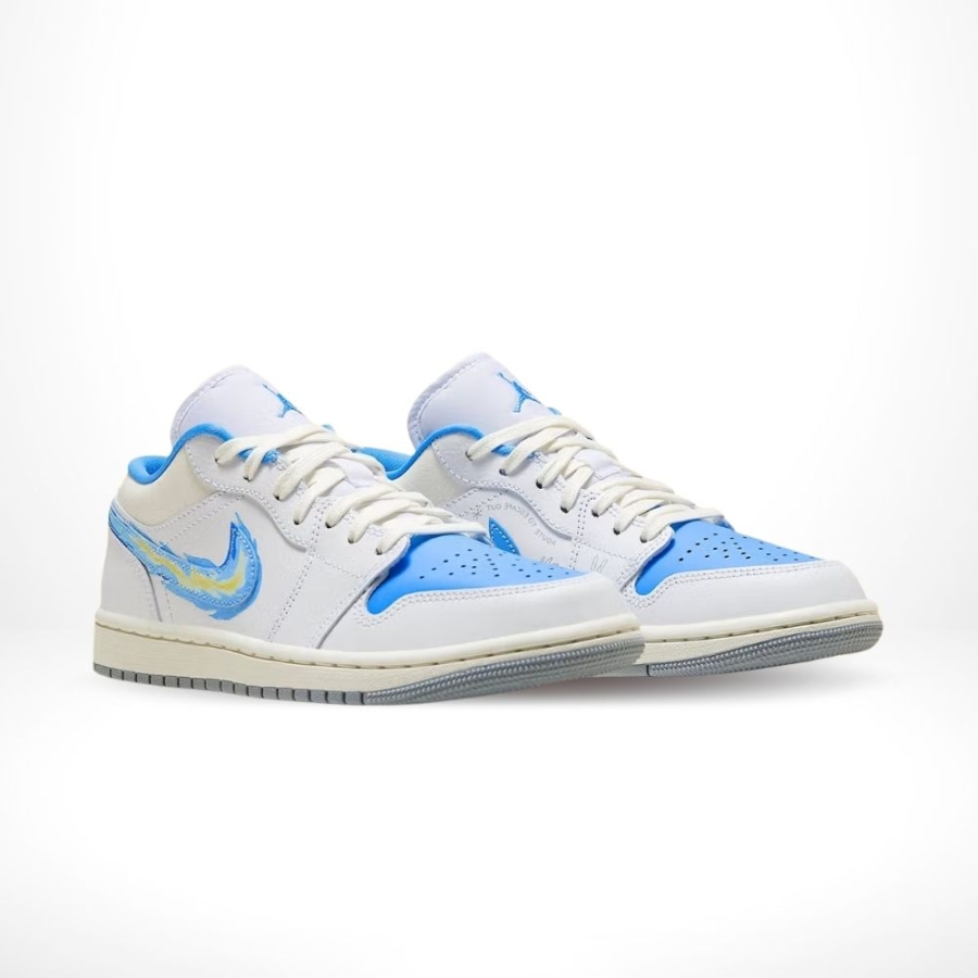 Angled front view of a full pair of Air Jordan 1