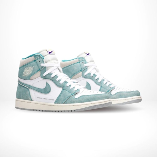 Angled front view of a full pair of Air Jordan 1