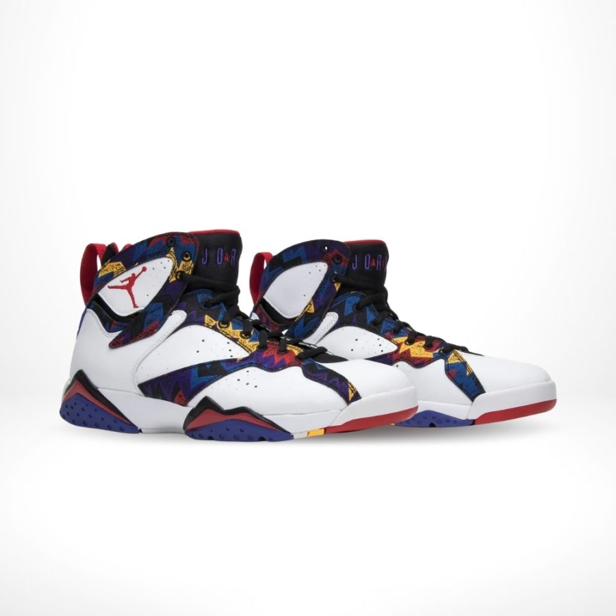 Angled front view of a full pair of Air Jordan 7