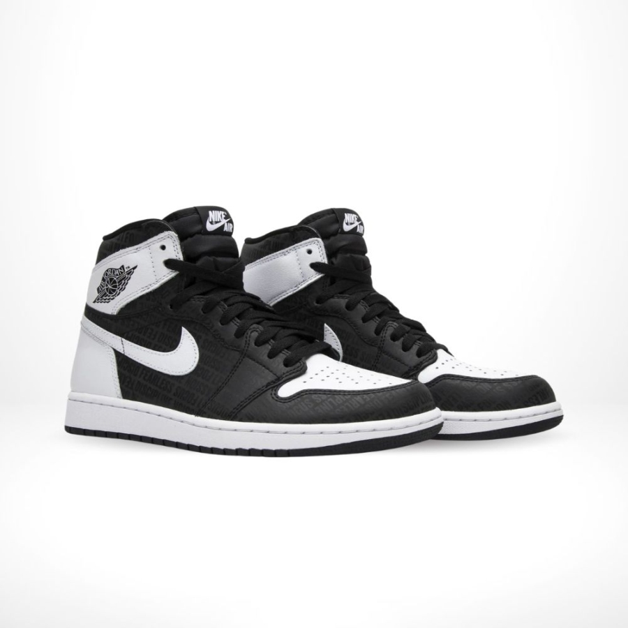Angled front view of a full pair of Air Jordan 1