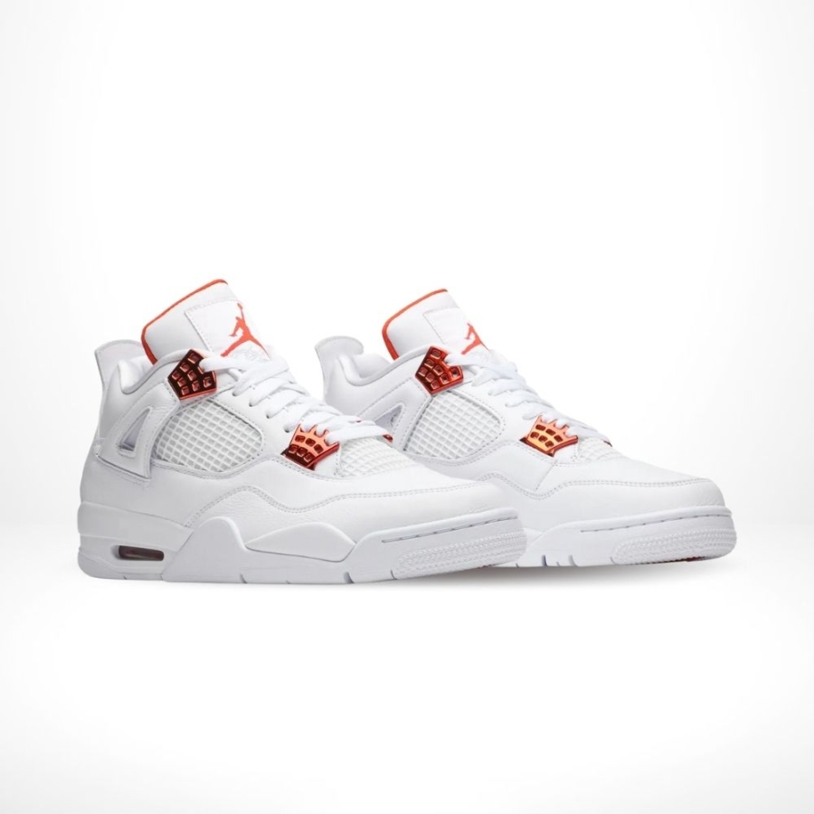 Angled front view of a full pair of Air Jordan 4