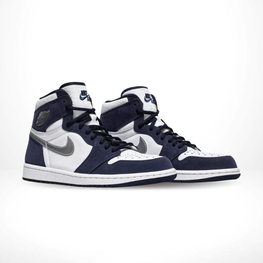 Angled front view of a full pair of Air Jordan 1