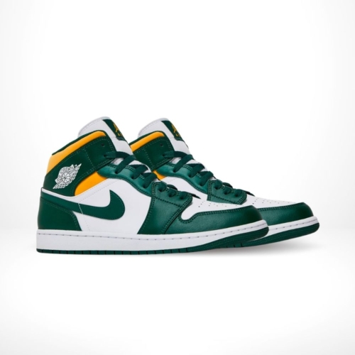 Angled front view of a full pair of Air Jordan 1