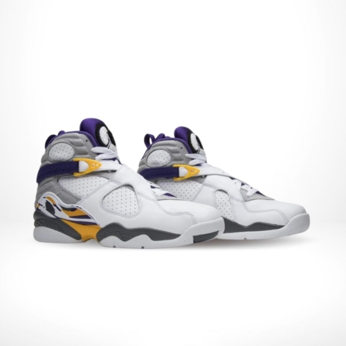 Angled front view of a full pair of Air Jordan 8