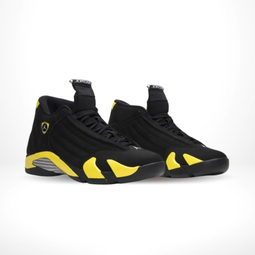 Angled front view of a full pair of Air Jordan 14