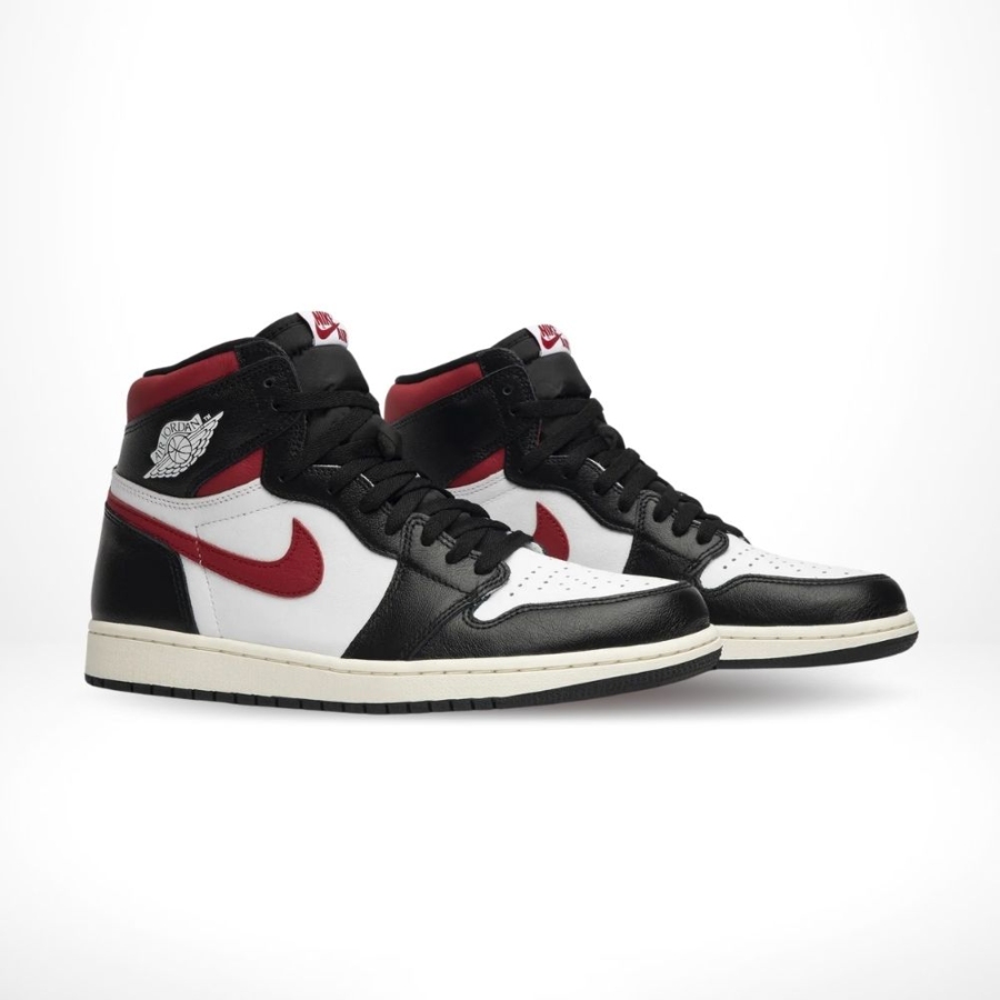 Angled front view of a full pair of Air Jordan 1
