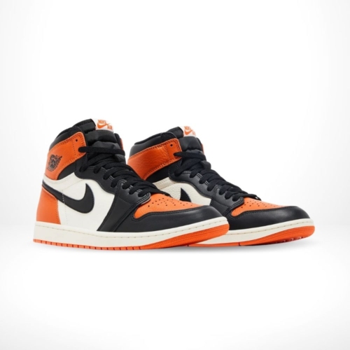 Angled front view of a full pair of Air Jordan 1
