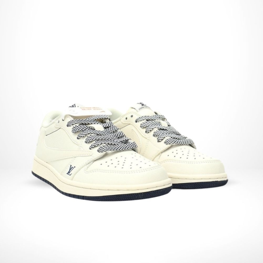 Angled front view of a full pair of Air Jordan 1