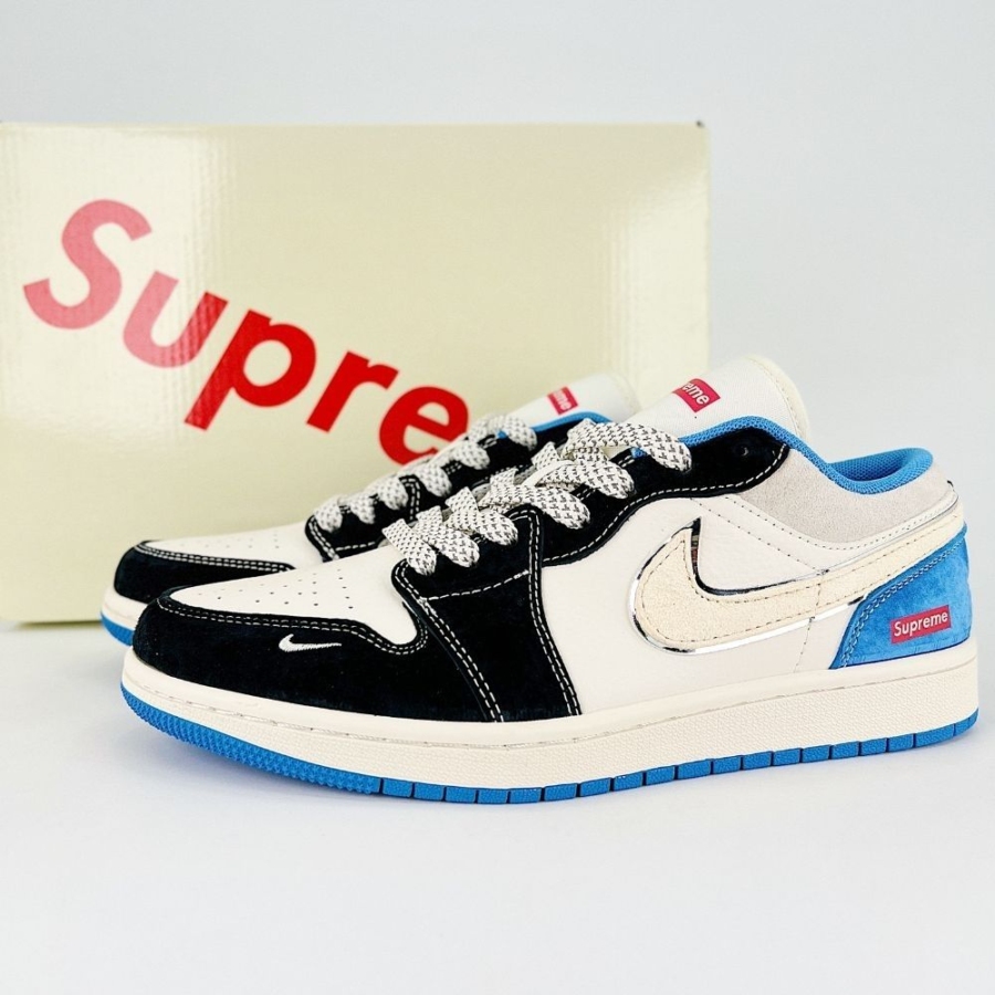 Angled front view of a full pair of Air Jordan 1