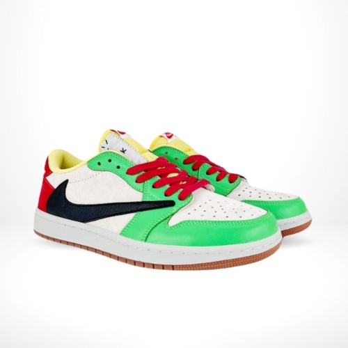 Angled front view of a full pair of Air Jordan 1