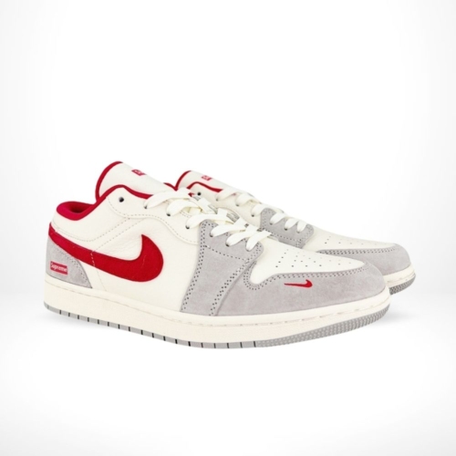 Angled front view of a full pair of Air Jordan 1
