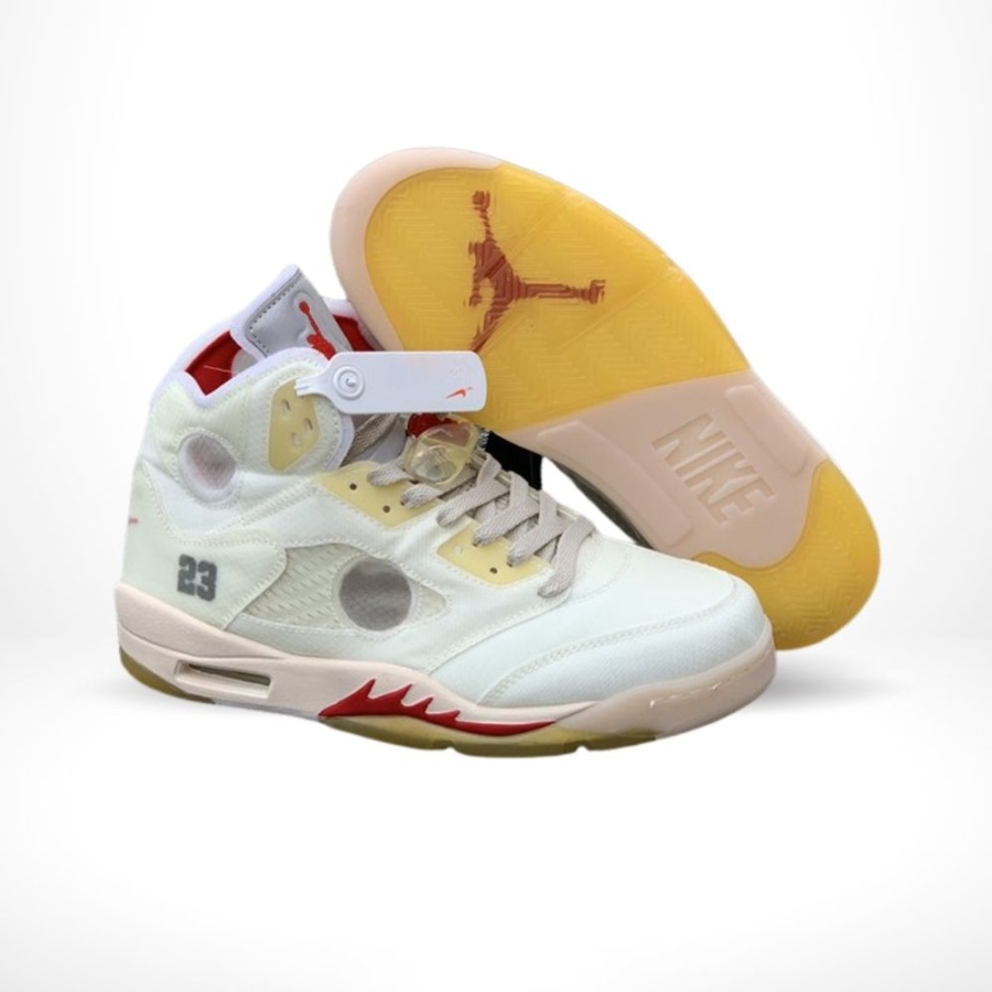 Angled front view of a full pair of Air Jordan 5