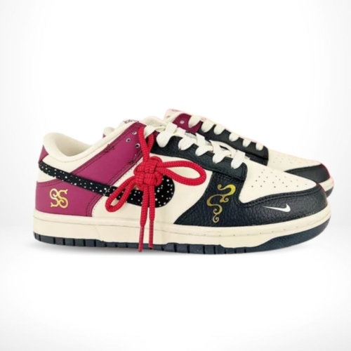 Angled front view of a full pair of Nike Dunk Low