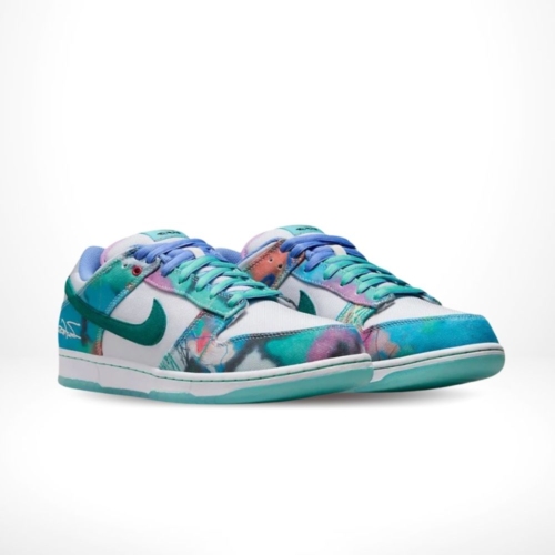 Angled front view of a full pair of Nike SB Dunk Low