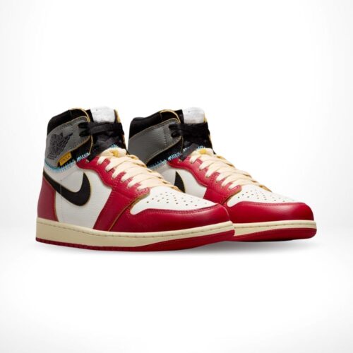 Angled front view of a full pair of Air Jordan 1