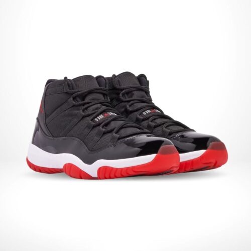 Angled front view of a full pair of Air Jordan 11