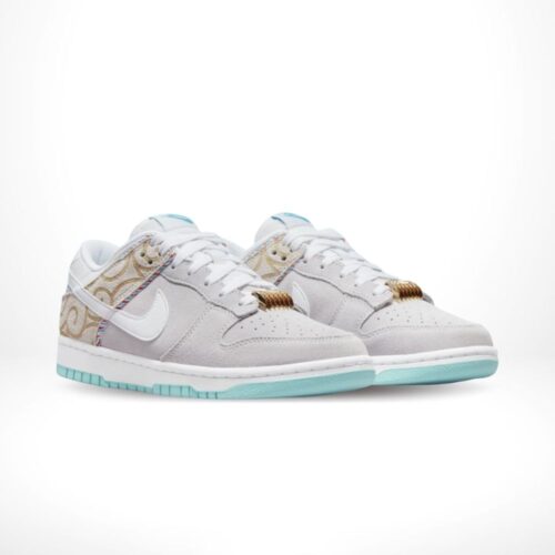 Angled front view of a full pair of Nike Dunk Low