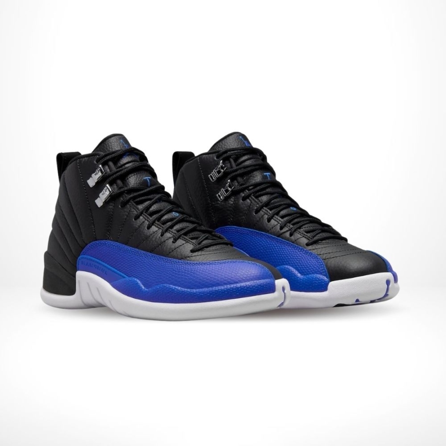 Angled front view of a full pair of Air Jordan 12
