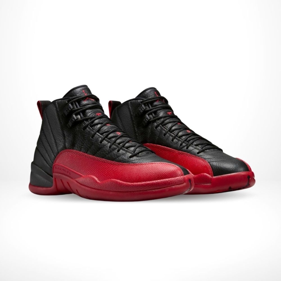 Angled front view of a full pair of Air Jordan 12