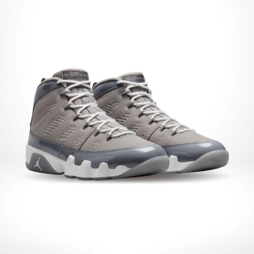 Angled front view of a full pair of Air Jordan 9