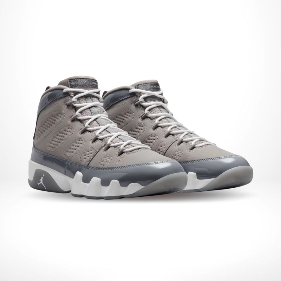 Angled front view of a full pair of Air Jordan 9