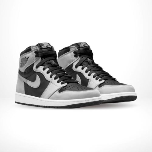 Angled front view of a full pair of Air Jordan 1