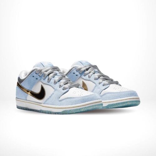 Angled front view of a full pair of Nike Dunk Low