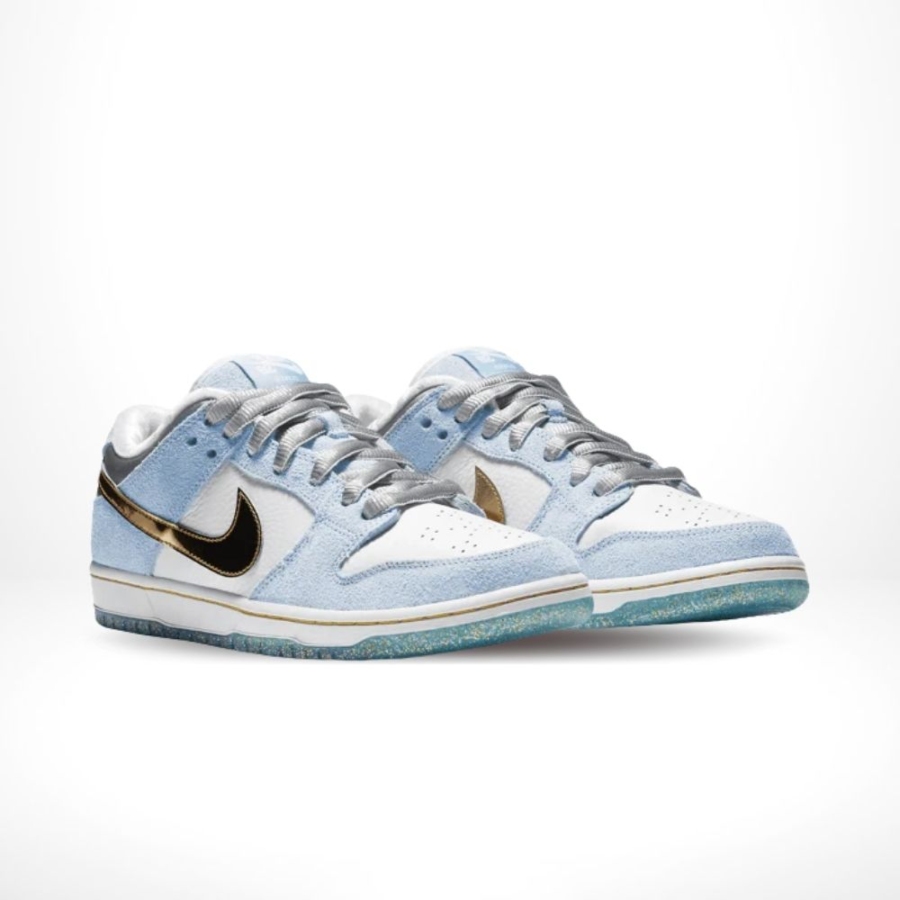 Angled front view of a full pair of Nike Dunk Low