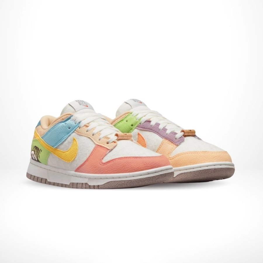 Angled front view of a full pair of Nike Dunk Low
