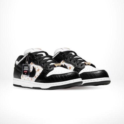 Angled front view of a full pair of Nike Dunk Low