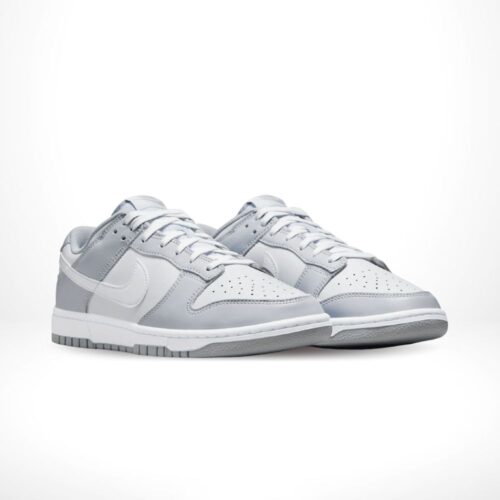 Angled front view of a full pair of Nike Dunk Low