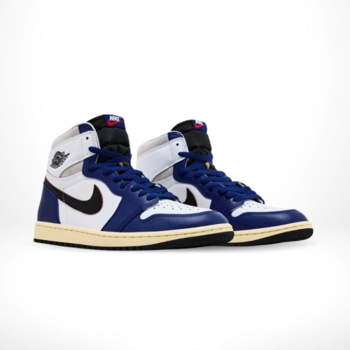 Angled front view of a full pair of Air Jordan 1