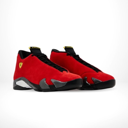 Angled front view of a full pair of Air Jordan 14