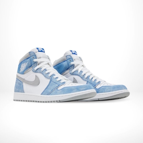 Angled front view of a full pair of Air Jordan 1