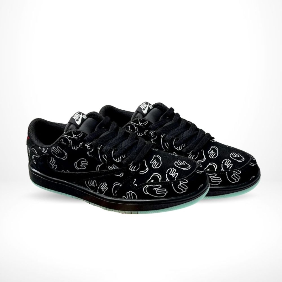 Angled front view of a full pair of Air Jordan 1